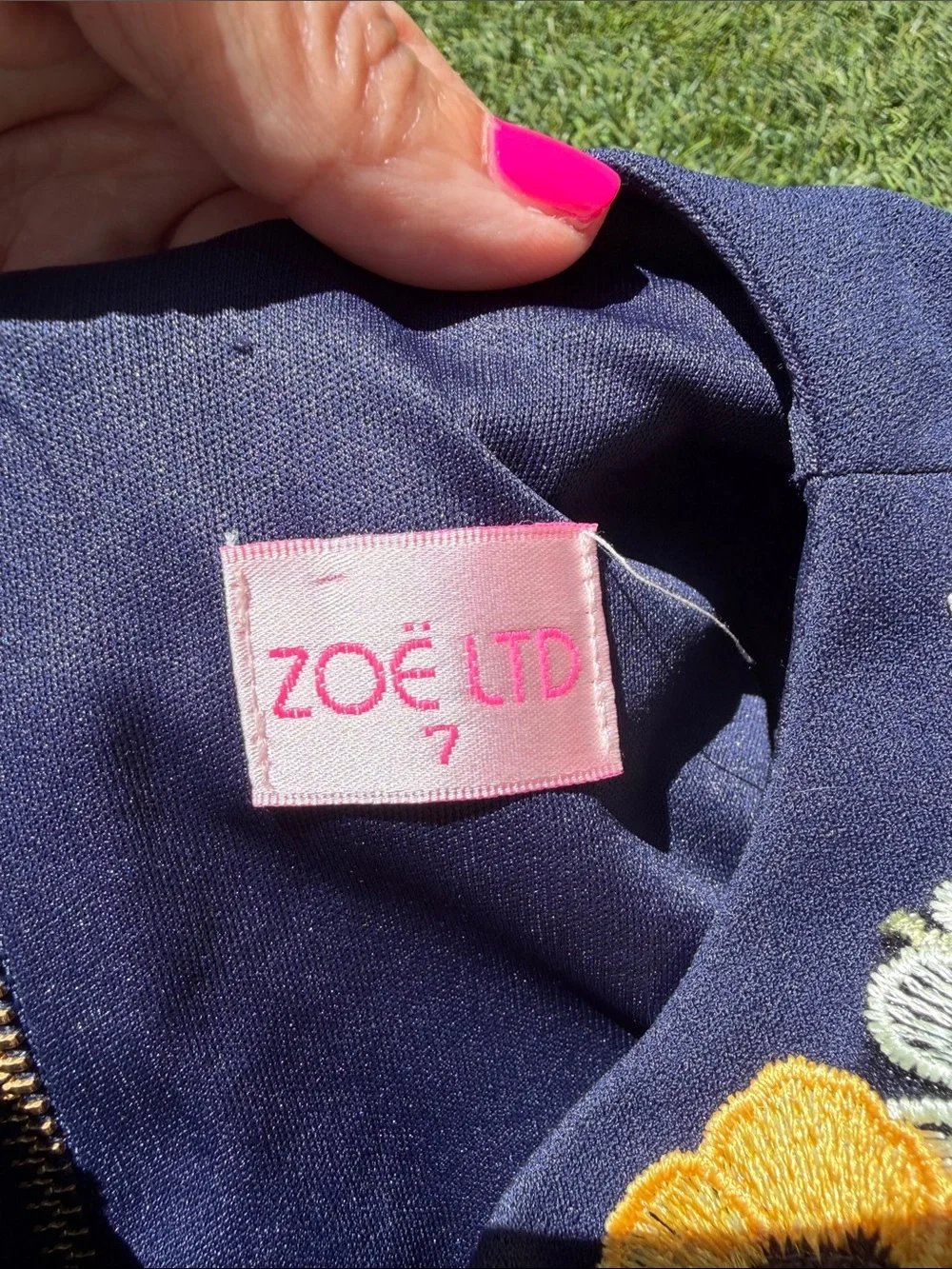 Zoe Ltd Navy Dress with Multicolor Floral Appliqué